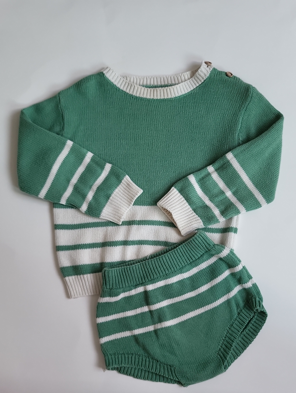 Green & White Striped Knit Set by Fin & Vince